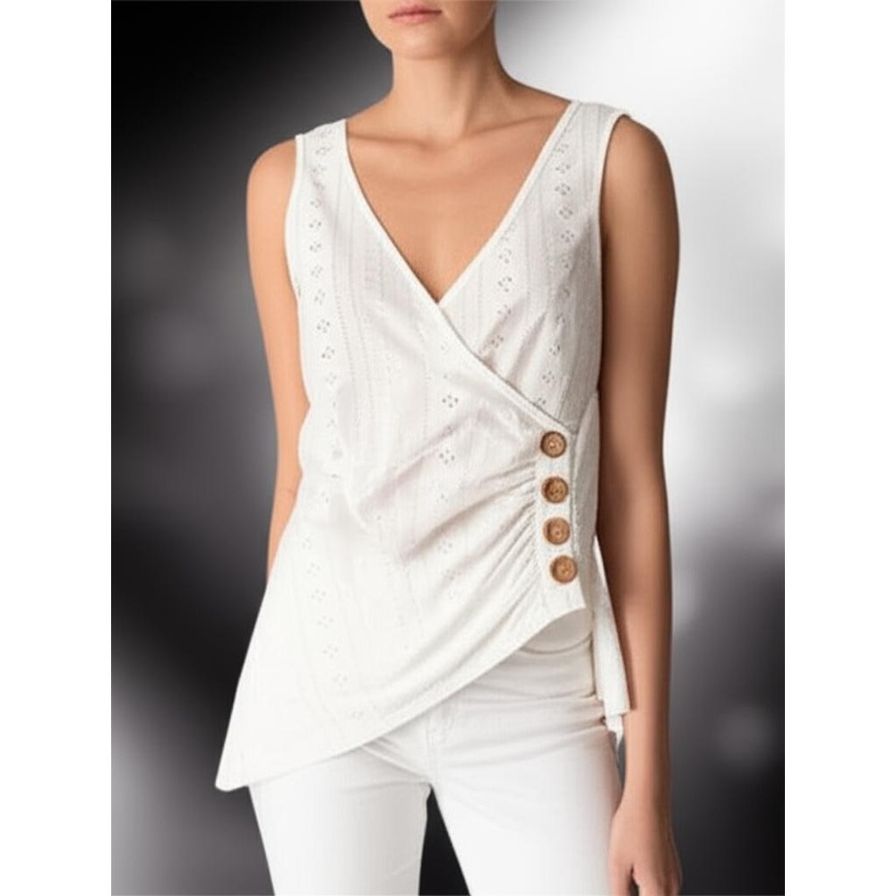 Salanta Women’s White Wrap V-Neck Sleeveless Top Size Large Eyelet Chic